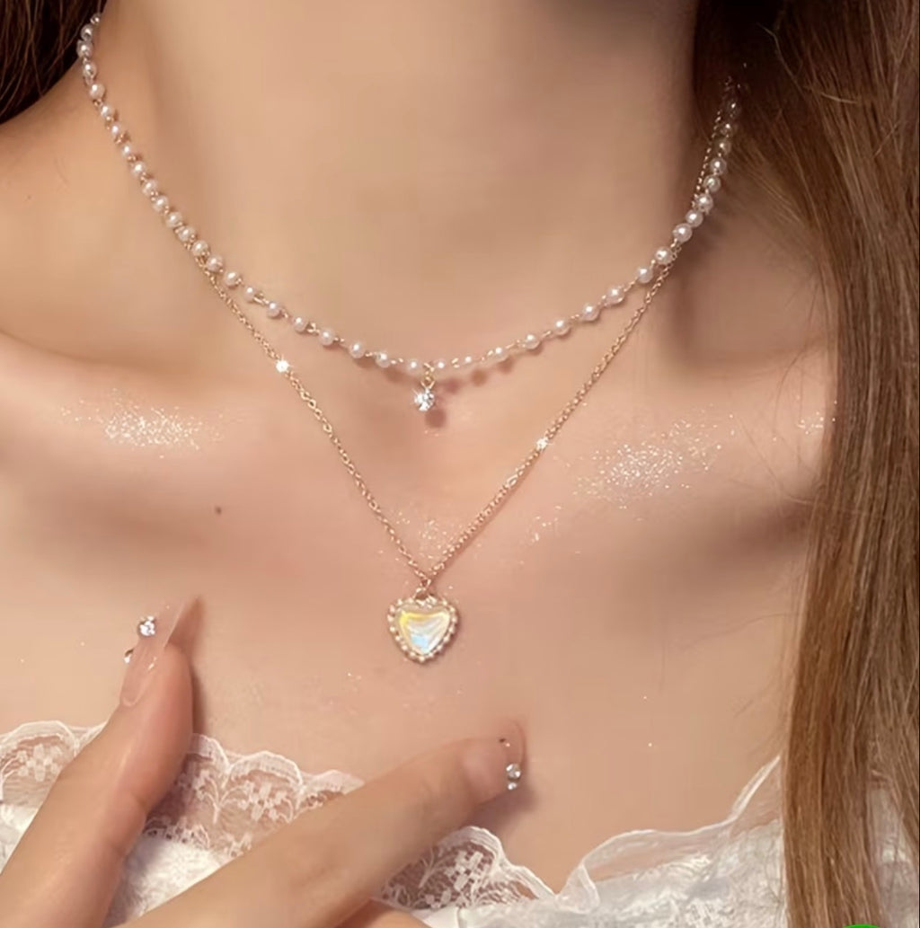 [NEW] 1pc Double-Layer Beaded Heart Pendant Necklace, High-Quality Jewelry, Upgraded Versatile Necklace, Premium Decorative Necklace, Suitable for Daily Wear, Wedding Season Accessory, Ideal Gift for Best Friends, Classmates, And Good Friends