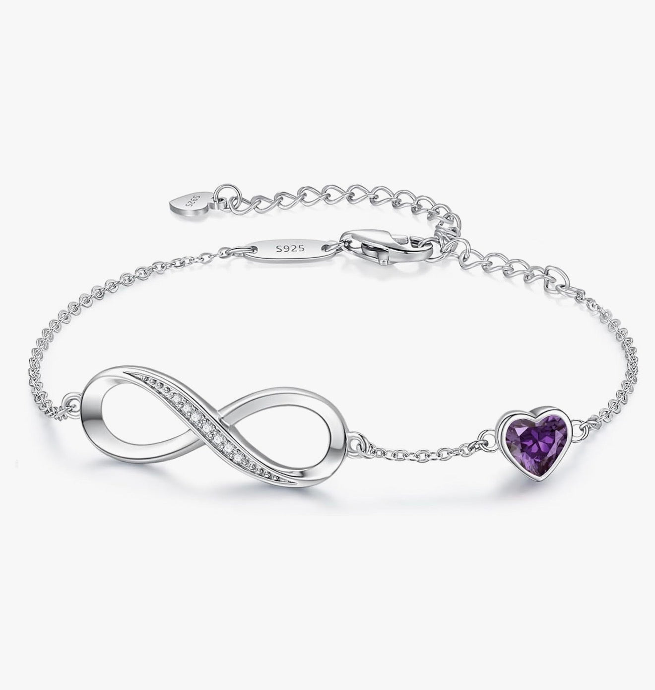 Infinity Heart Birthstone Charm Link Bracelet for Women 925 Sterling Silver Adjustable Mother's Day Valentine's Day Christmas Day Gift Anniversary Birthday Jewelry for Wife Girlfriend Her