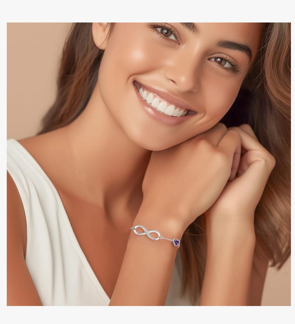 Infinity Heart Birthstone Charm Link Bracelet for Women 925 Sterling Silver Adjustable Mother's Day Valentine's Day Christmas Day Gift Anniversary Birthday Jewelry for Wife Girlfriend Her
