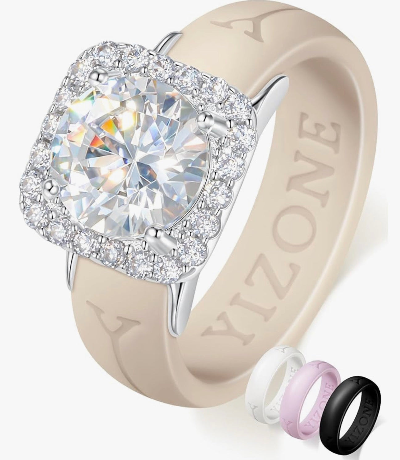 Silicone Ring with Stone Women’s Interchangeable Ring Charm with Silicone Bands Set–Comfortable Everyday Workout Ring, 4 Colors Included, Cubic Zirconia Halo Ring, Patent-Pending