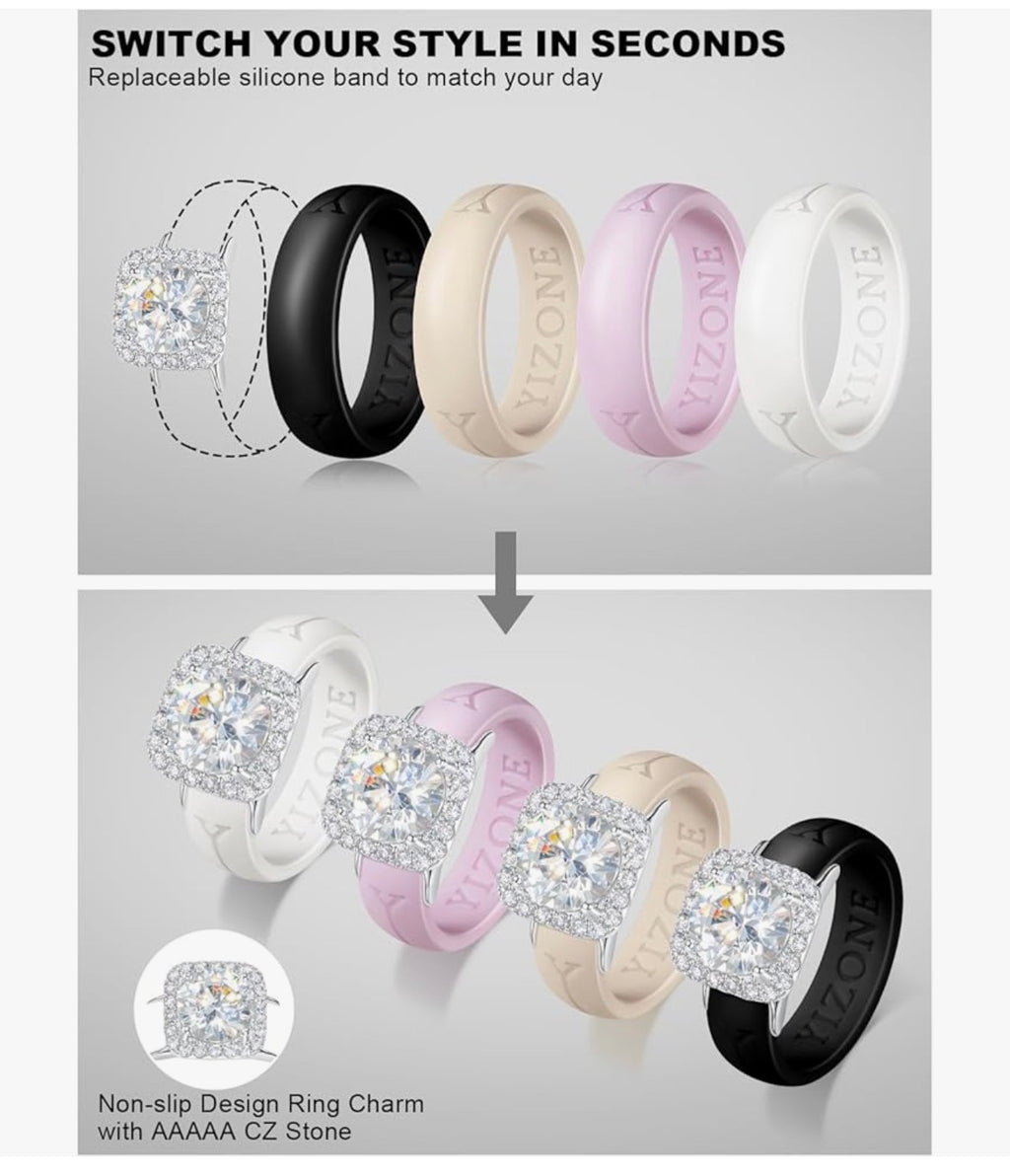 Silicone Ring with Stone Women’s Interchangeable Ring Charm with Silicone Bands Set–Comfortable Everyday Workout Ring, 4 Colors Included, Cubic Zirconia Halo Ring, Patent-Pending