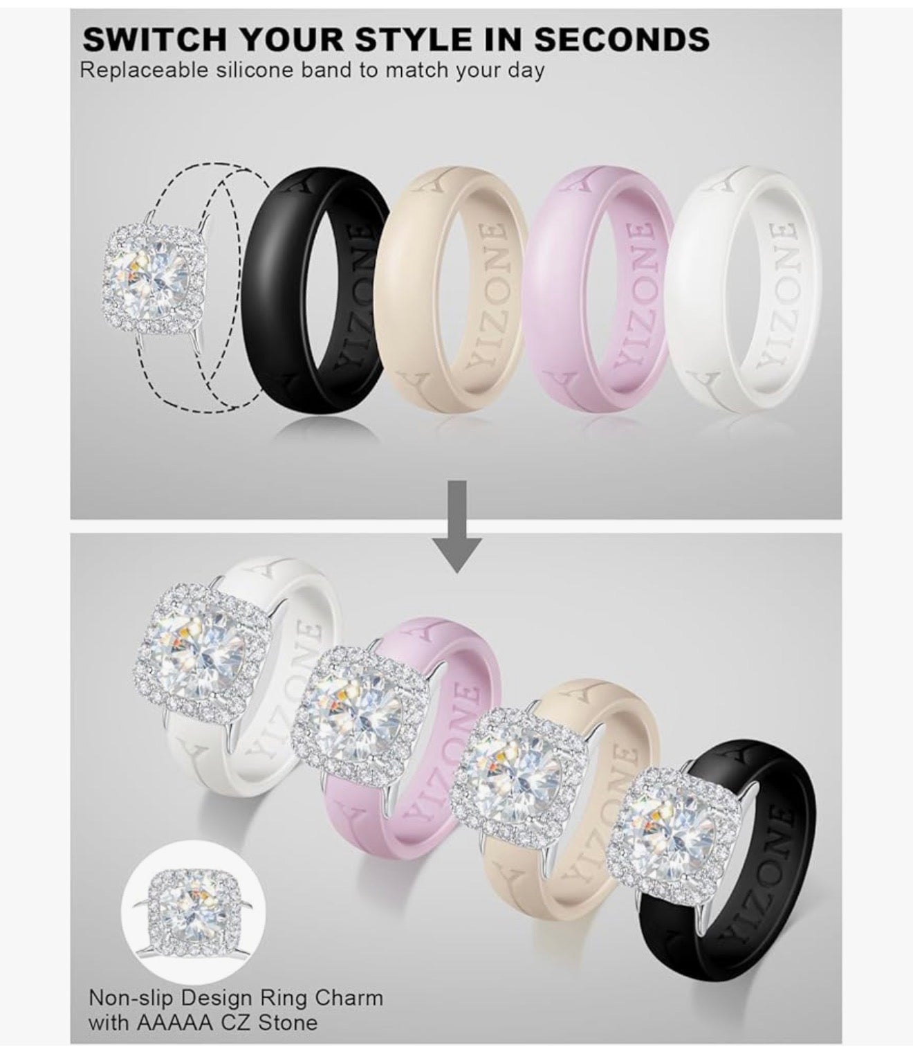 Silicone Ring with Stone Women’s Interchangeable Ring Charm with Silicone Bands Set–Comfortable Everyday Workout Ring, 4 Colors Included, Cubic Zirconia Halo Ring, Patent-Pending