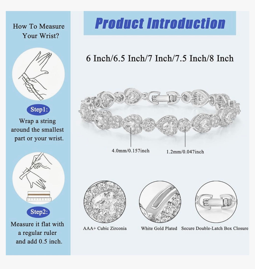 Classic Heart-shaped Tennis Bracelets for Women, 18K White Gold Plated Round Cubic Zirconia Tennis Bracelet for Women Mom Wife